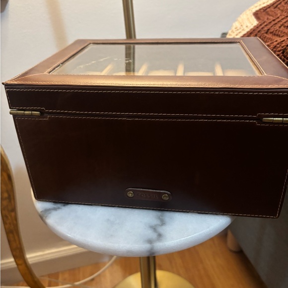 FOSSIL 10 Piece Watch Box Leather Brown w/ Storage Pull Out Drawer - Picture 8 of 9